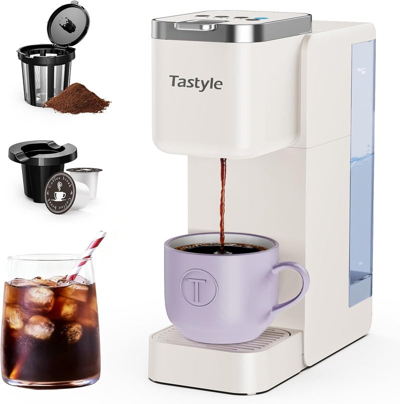 Tastyle Single Serve Coffee Maker, Iced and Hot Coffee Machine for K Cup & Grounds, Compact Design, 40oz Removable Water Reservoir, 6 to 24 Oz Brew Sizes, Fits 7.3" Travel Mug, Beige - Image 1